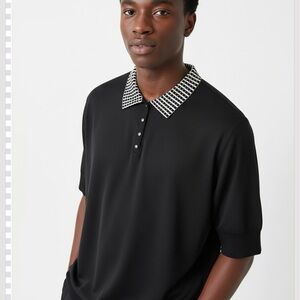 St. John silk Black Polo with Patterned Collar